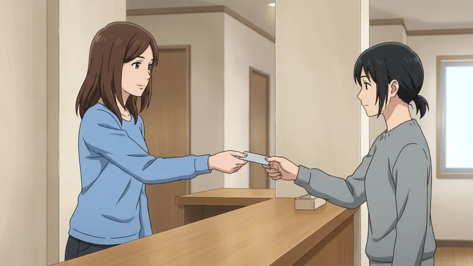 女性が身分証を差し出している様子
