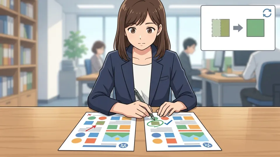 印刷前のパンフレット原稿の誤りを確認する編集者