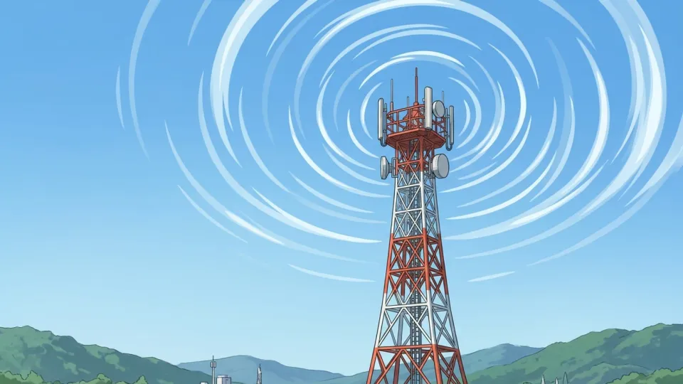 通信塔から空間へ向かって広がる電波のイラスト