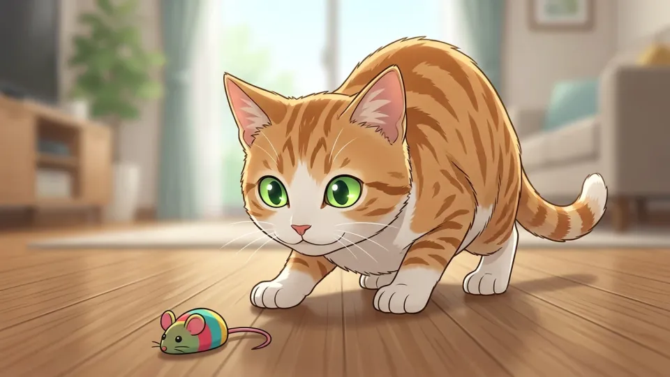 猫が小さなおもちゃを見つめて飛びかかろうとしている場面
