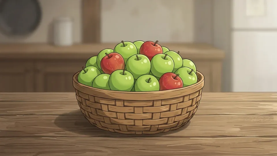 かごの中の緑色のリンゴの割合