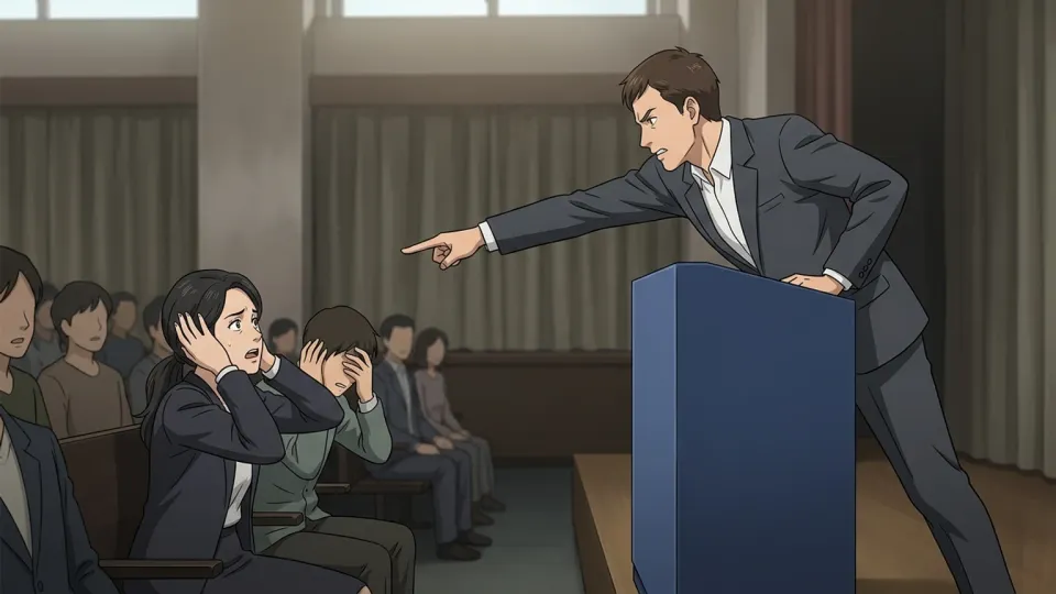 演説台で身を乗り出して話す政治家と驚く聴衆のイラスト