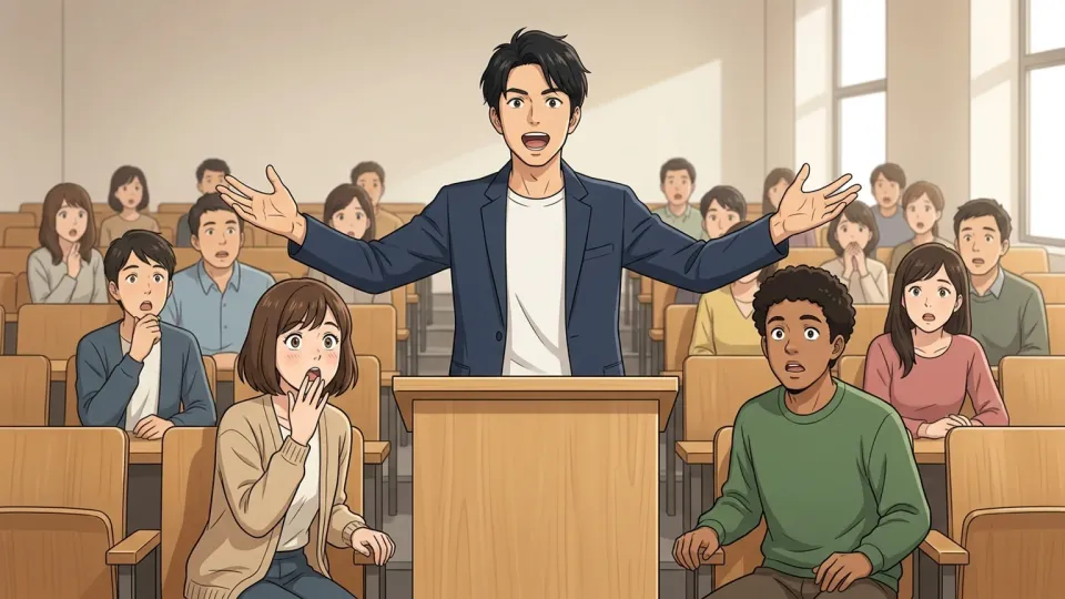 講演者の言葉に聴衆が一斉に反応しているイラスト