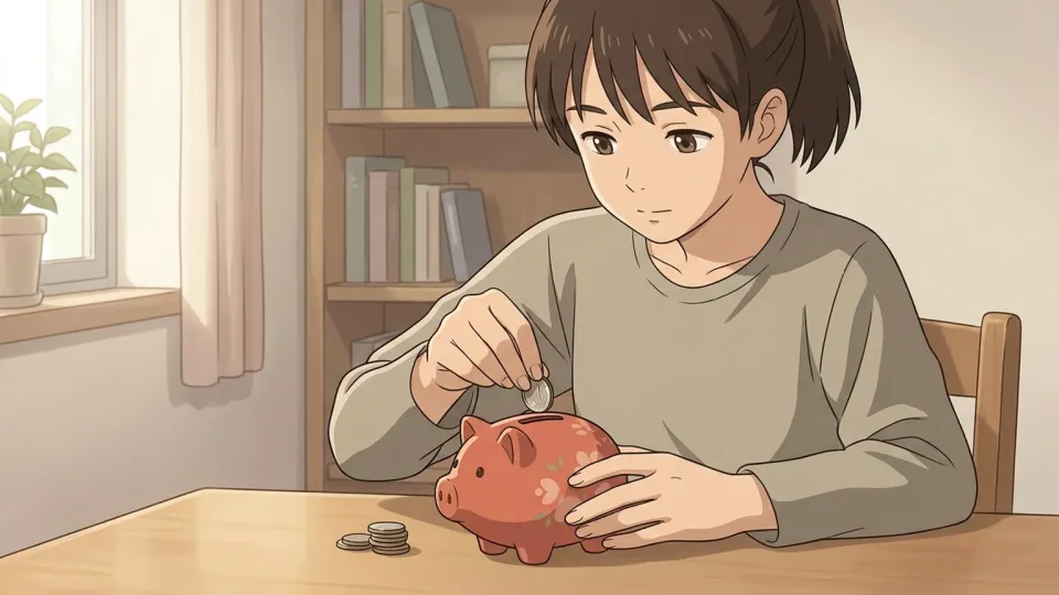 緊急時に備えて貯金箱にコインを入れている手元。