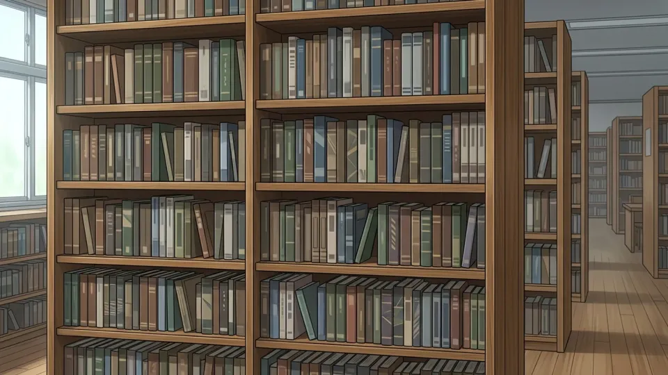 図書館の棚に並ぶ学術的な出版物。