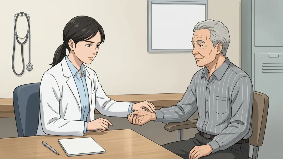医師が患者の脈拍を測定している様子。