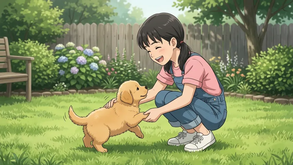 庭でかわいい子犬と遊ぶ女の子