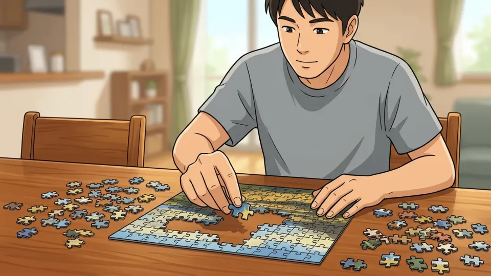 テーブルの上でパズルを解く男性