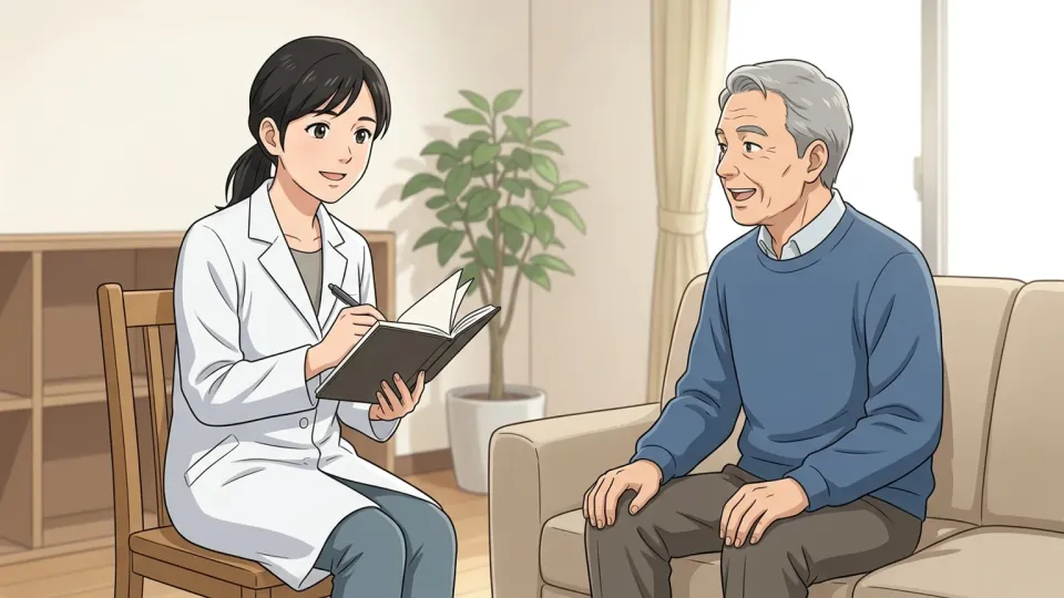研究者がインタビューで人々の話をじっくり聴いている様子