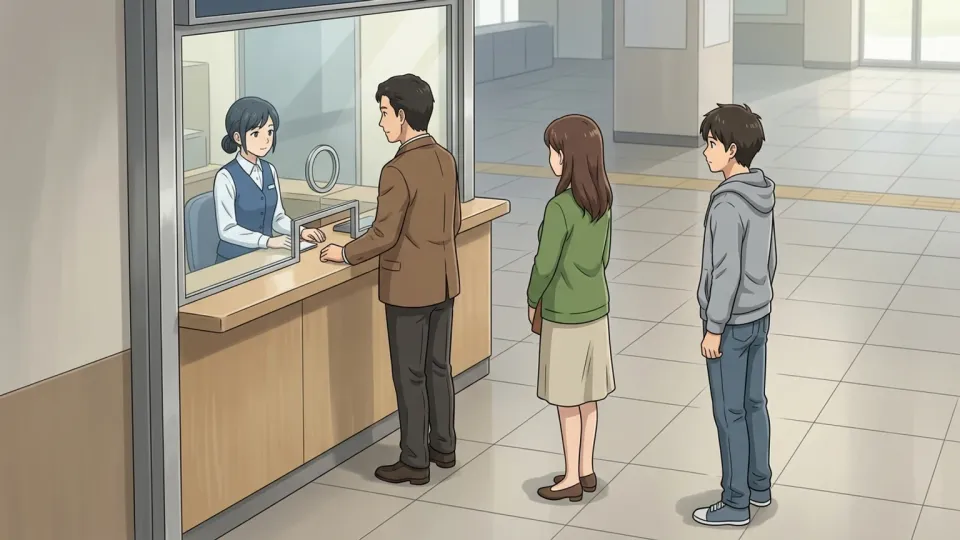 切符売り場に並ぶ人々の列