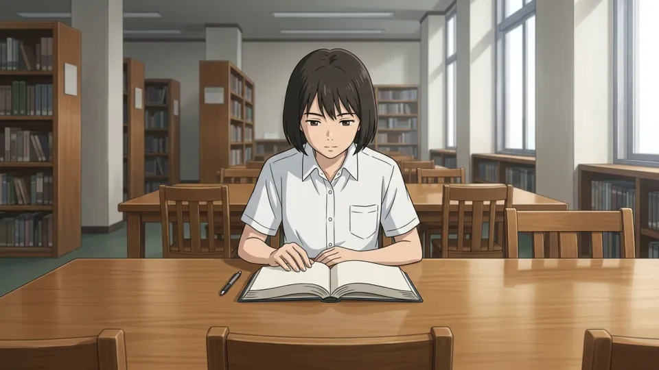 静かな図書館で勉強する学生。