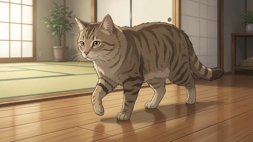 木の床を音を立てずに歩く猫