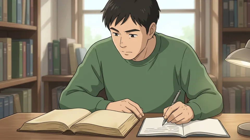 本からノートに書き写す男性
