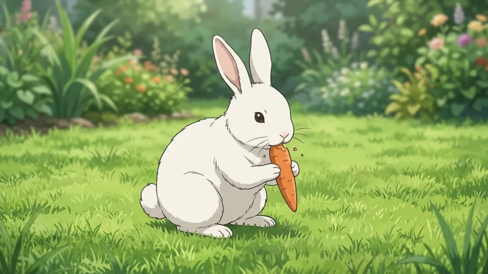 庭でニンジンを食べる白いウサギ