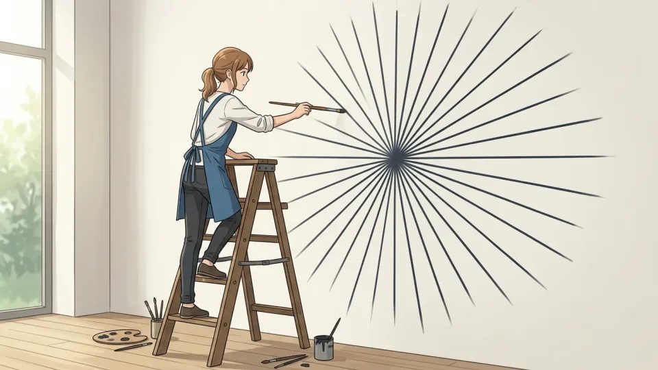 壁に放射状の模様を描くアーティスト