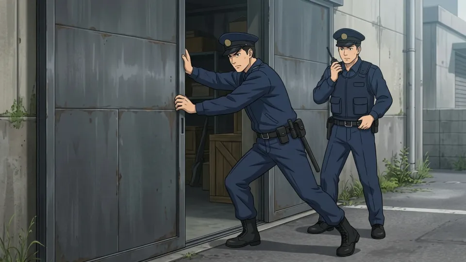 倉庫へ踏み込む警察官たち