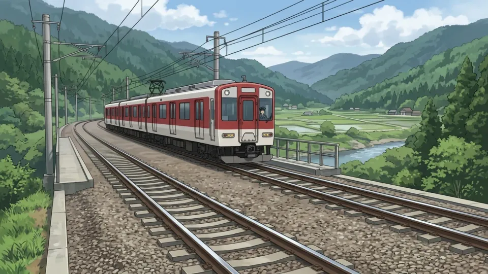 谷間の鉄製線路を進む列車