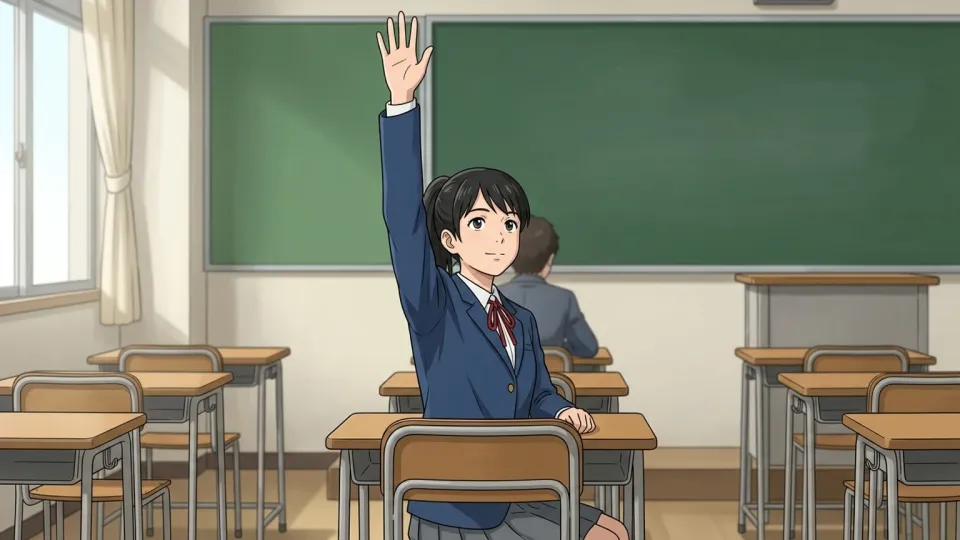 女性が質問するために手を上げているイラスト