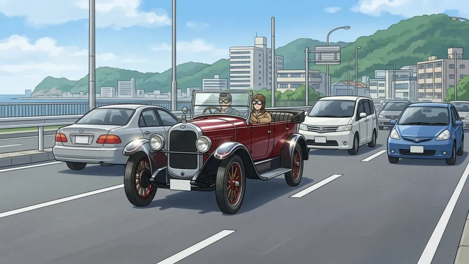 現代の道路を走る1台のヴィンテージカー