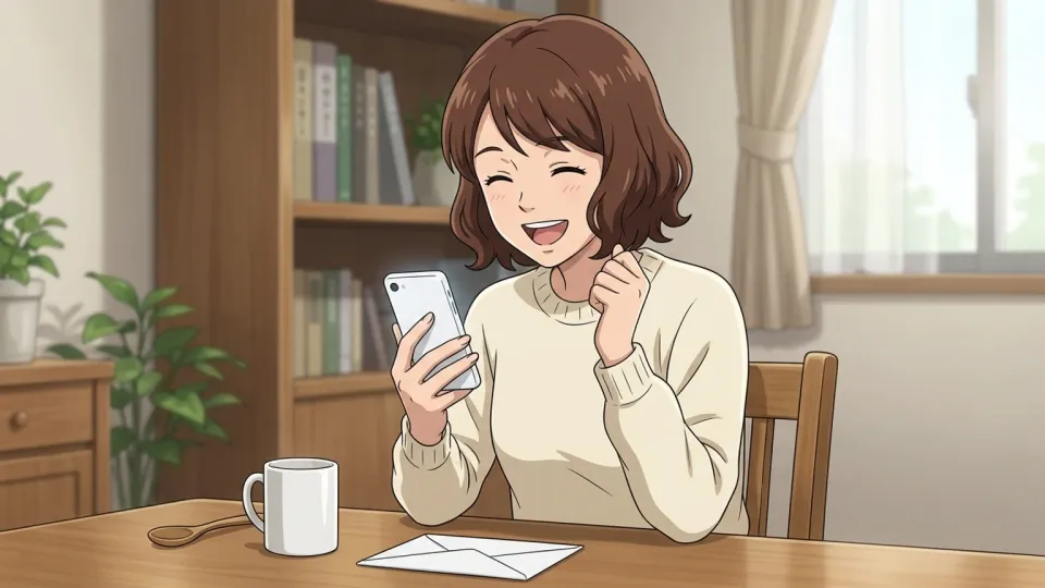 知らせを受けて明るい笑顔を見せる女性。