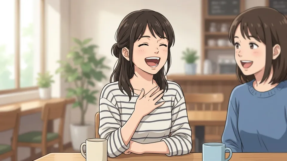 女性が冗談に対して笑って反応している様子