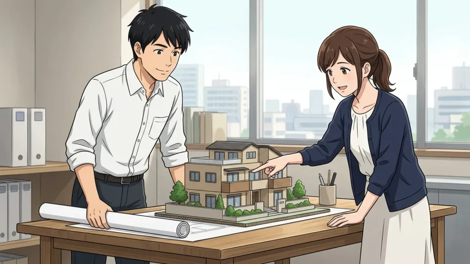 完成した建物の模型を指し示す建築家たち