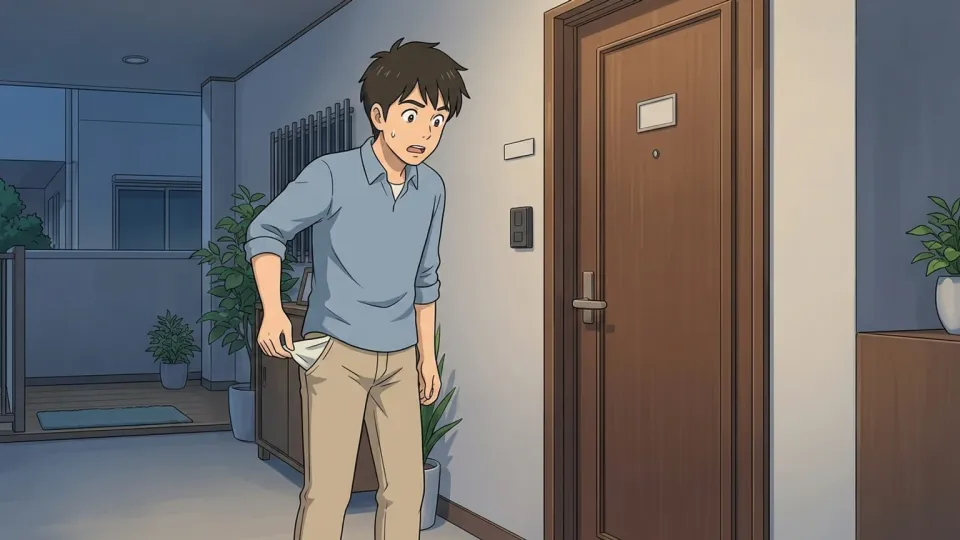 鍵を忘れたことに気づいて立ち尽くす人