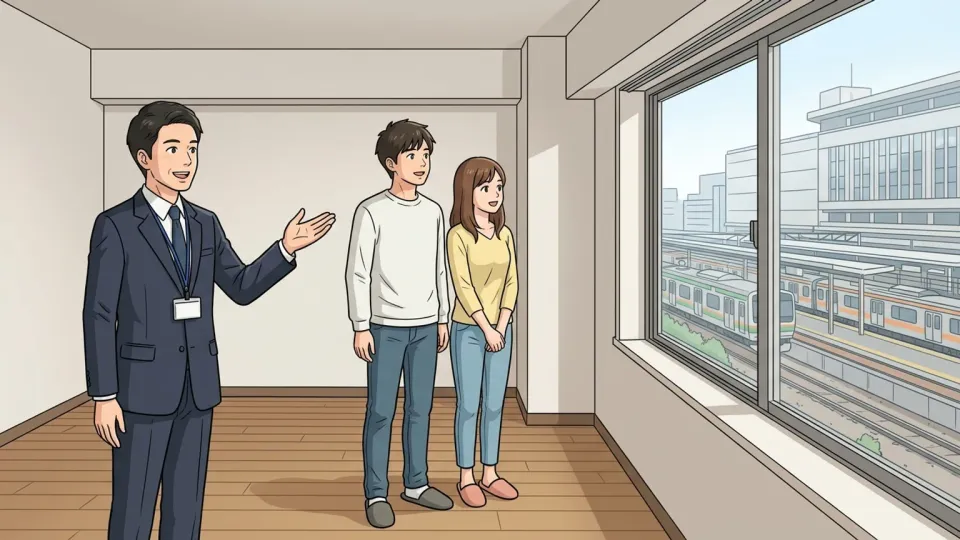 駅近くのアパートを夫婦に案内する不動産業者
