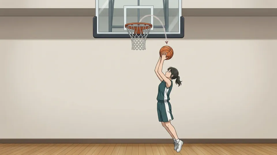 女子バスケットボール選手がゴール下でリバウンドをキャッチしている様子