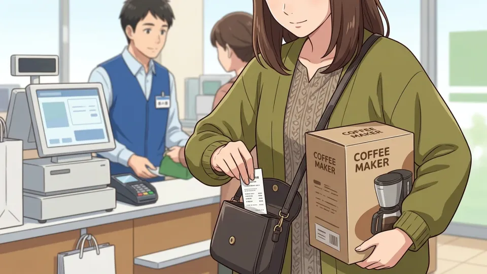 家電店のレジで、購入者がコーヒーメーカーの箱と一緒に受け取ったレシートを財布へしまっている様子