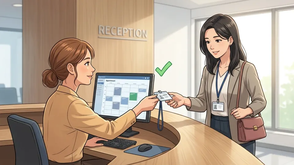 受付係がリーさんの予約を確認して来訪者バッジを渡している様子
