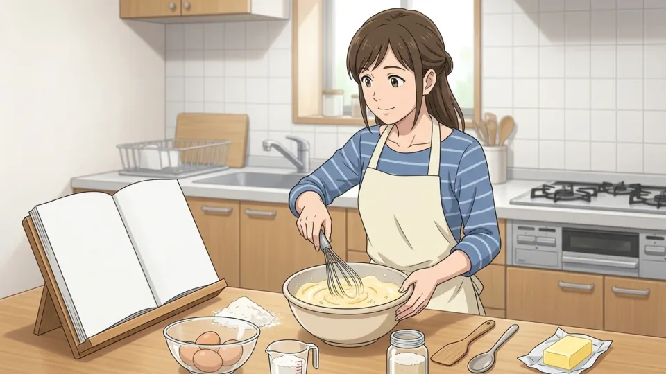 レシピ本を見ながらケーキを焼く女性