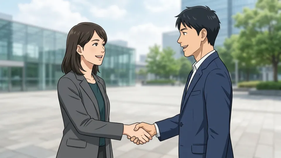 二人の人物が笑顔でしっかりと握手を交わしている様子