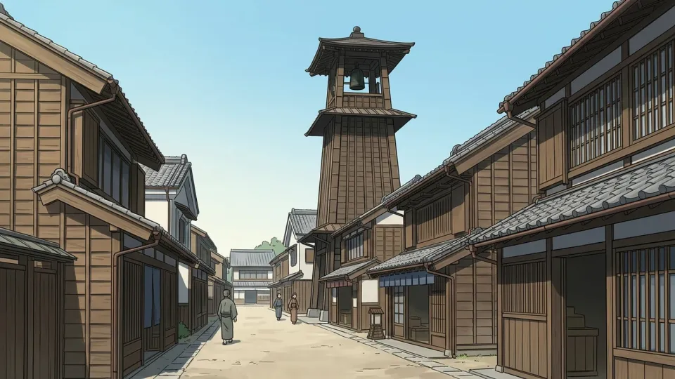 古い町並みに立つ特徴的な古い鐘楼の風景