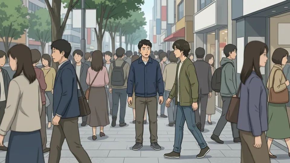 人混みの中で昔の友人に気づく様子。