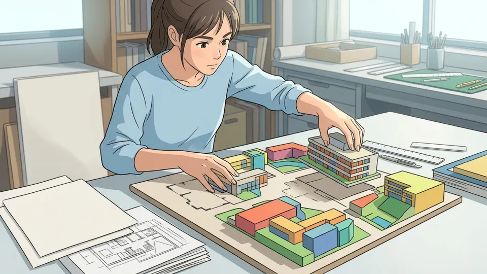 書類を見つめながら考え込む女性のイラスト