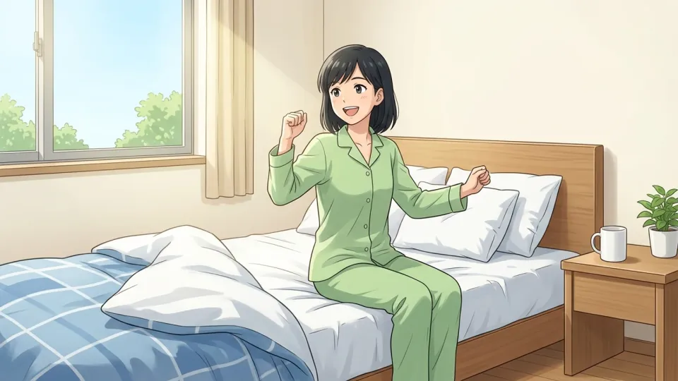 ベッドの上で元気に起き上がっている女性