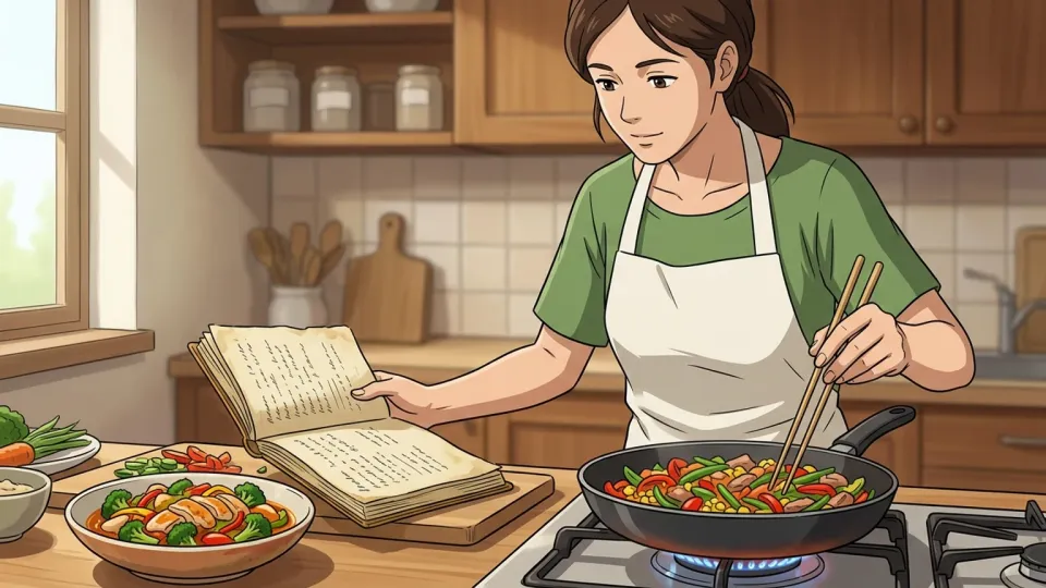 女性が古いノートを見ながら料理を再現している様子