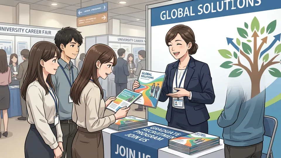 大学の説明会で新卒採用プログラムを案内する企業担当者