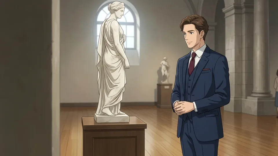 美術館で彫刻を見る洗練された男性