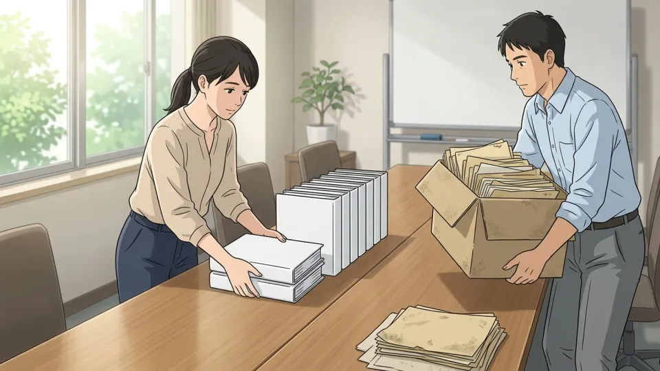 委員会が古い社内規定を刷新するために話し合っている様子