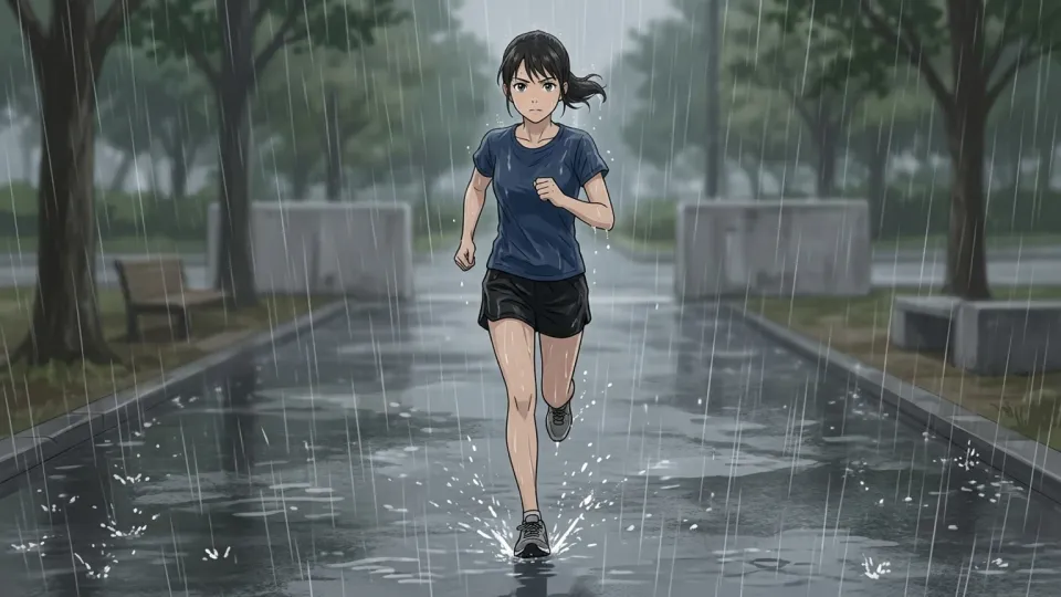 激しい雨の中で走り続ける女性