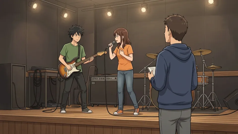 ステージ上で演奏するバンドのリハーサル風景