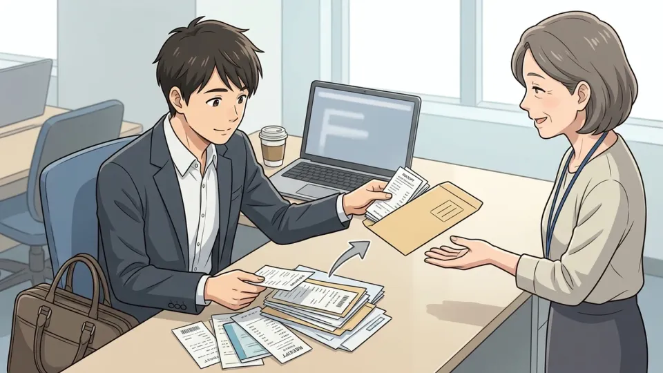 社員が領収書を確認しながら出張費の払い戻しを申請する場面