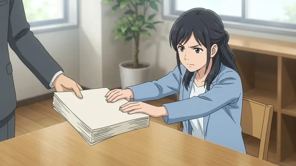 書類の提示を拒絶する女性のイラスト
