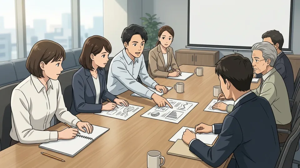 会議で資料と議論のつながりについて話し合う人々