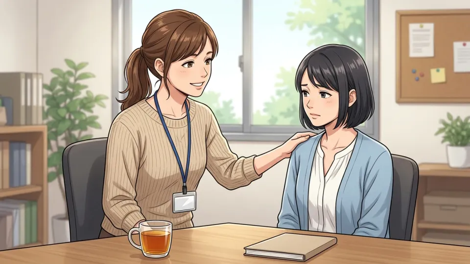 困った同僚を優しく支える信頼できる女性