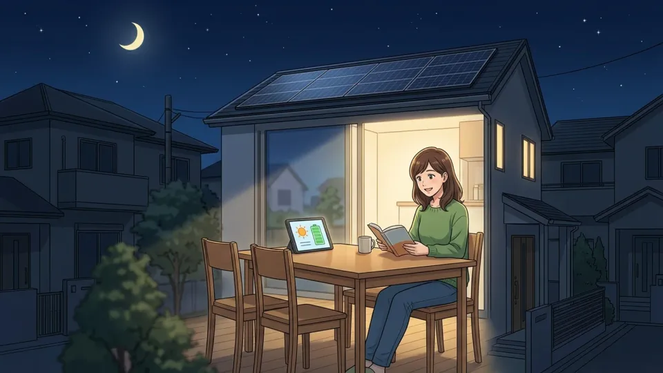 住宅の屋根に輝く太陽光パネルの様子。