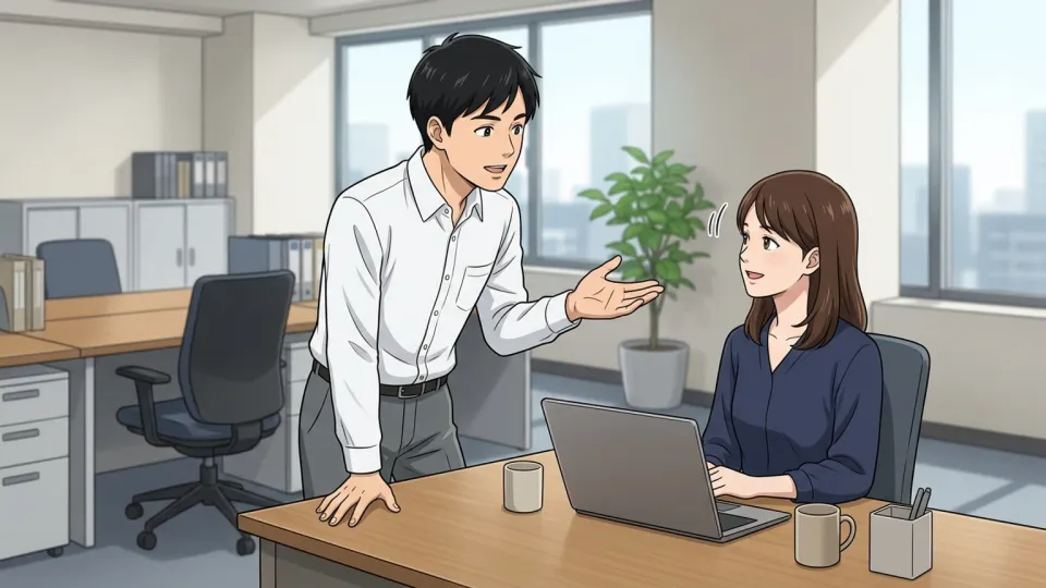 オフィスで同僚に向かって発言する男性のイラスト