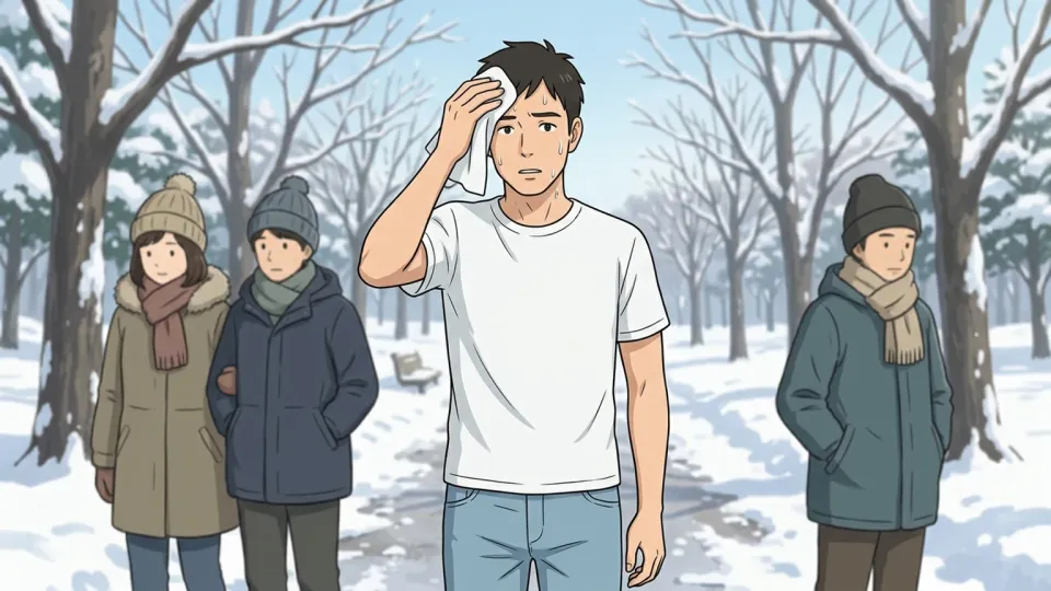 冬の寒そうな風景の中で、一人だけ薄着で汗をかいている人物。